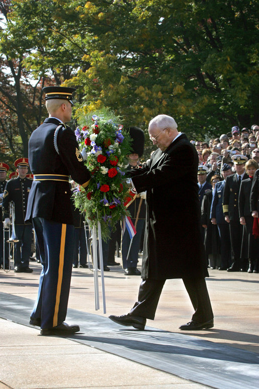 Vice President Dick Cheney lays a wreath at the Tomb of the Unknown Soldier during Veterans Day ceremonies, Sunday, Nov. 11, 2007, at Arlington National Cemetery in Arlington, Va. White House photo by David Bohrer