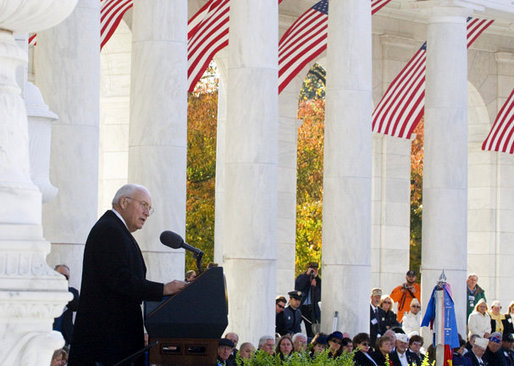 Vice President Dick Cheney delivers remarks Sunday, Nov. 11, 2007, during Veterans Day ceremonies at Arlington National Cemetery in Arlington, Va. "Gathered as we are today in a time of war, we're only more sharply aware of the nation's debt to the members of the armed forces," said the Vice President, adding, "They are constantly in our thoughts." White House photo by David Bohrer
