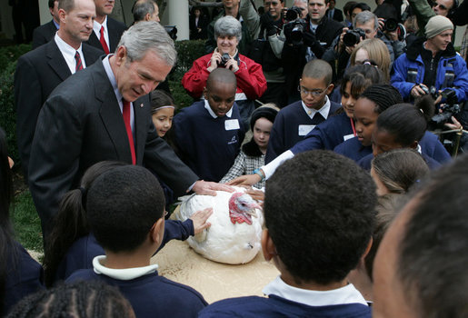 Youngsters with Camp Fire USA and other guests join President George W. Bush around May, the 2007 National Thanksgiving turkey, during Rose Garden festivities surrounding its official pardoning Tuesday, Nov. 20, 2007. White House photo by Joyce N. Boghosian