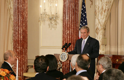 President George W. Bush addresses his remarks at the Secretary of State’s Dinner Monday evening, Nov. 26, 2007 at the State Department in Washington, D.C., welcoming the participants attending the Annapolis Conference. White House photo by Chris Greenberg