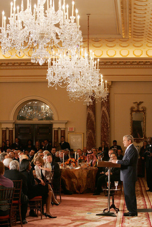 President George W. Bush addresses his remarks at the Secretary of State’s Dinner Monday evening, Nov. 26, 2007 at the State Department in Washington, D.C., welcoming the participants attending the Annapolis Conference. White House photo by Chris Greenberg