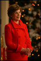 Laura Bush leads the press on a tour of the White House holiday decorations Thursday, Nov. 29, 2007. It’s expected that 60,000 visitors will come to the White House during the holiday season. White House photo by Shealah Craighead