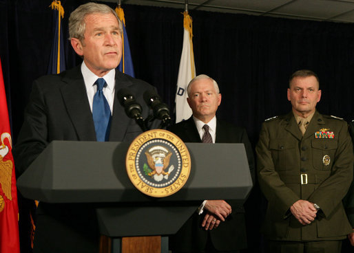 President George W. Bush is joined at the Pentagon Thursday, Nov. 29, 2007, by Secretary of Defense Robert Gates and Gen. James Cartwright, Vice Chairman of the Joint Chiefs of Staff, as he delivers a statement after briefings at the Department of Defense. White House photo by Chris Greenberg
