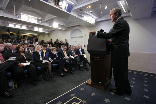 President George W. Bush speaks to the media Tuesday, Dec. 4, 2007, during a news conference in the James S. Brady Press Briefing Room at the White House. White House photo by Joyce N. Boghosian