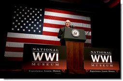 Vice President Dick Cheney addresses members of the Veterans of Foreign Wars Friday, Dec. 7, 2007 at the National World War I Museum in Kansas City, Mo. "This cause is bigger than the quarrels of party and the agendas of politicians." said the Vice President during his remarks on the war on terror, adding, "and if we in Washington, all of us, can only see our way to work together, then the outcome is not in doubt. We will press on in our mission, and we will achieve victory." White House photo by David Bohrer
