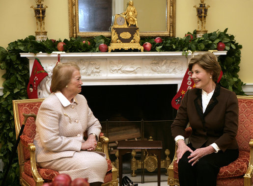 Mrs. Laura Bush enjoys a visit Tuesday morning, Dec. 11, 2007, with Mrs. Clio Napolitano, wife of President Giorgio Napolitano of Italy, during their visit to the White House. White House photo by Shealah Craighead