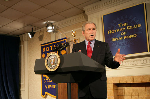 President George W. Bush delivers remarks on the economy during a visit Monday, Dec. 17, 2007, to Fredericksburg, Va., where he spoke to an audience of business and community leaders from the Rotary Club of Stafford, the Fredericksburg Rotary Club, the Rappahannock Rotary Club, and the Fredericksburg Regional Chamber of Commerce. White House photo by Chris Greenberg