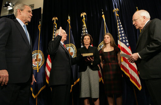 President George W. Bush stands next to Lt. Gen. James Peake (Ret.), as he's administered the Oath of Office Thursday, Dec. 20, 2007, as Secretary of Veterans Affairs by Vice President Dick Cheney. Looking on during the ceremonial swearing-in at the U.S. Department of Veterans Affairs are Secretary Peake's wife, Janice, and daughter, Kimberly. White House photo by Chris Greenberg
