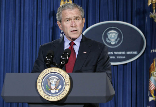 President George W. Bush speaks to the nation from the Bush Ranch in Crawford, Texas, Thursday, Dec. 27, 2007, in response to the assassination of Benazir Bhutto, former Prime Minister of Pakistan. White House photo by Chris Greenberg