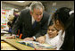 President George W. Bush visits with third grade students Monday, Jan. 7, 2008, at the Horace Greeley Elementary School in Chicago, where President Bush delivered a statement highlighting the successes of No Child Left Behind. White House photo by Joyce N. Boghosian