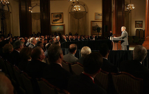 President George W. Bush addresses a luncheon with business and community leaders on the state of the economy Monday, Jan. 7, 2008, at the Union League Club of Chicago. White House photo by Joyce N. Boghosian