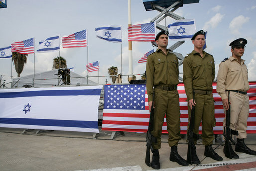 Soldiers stand at attention at Ben Gurion International Airport Wednesday, Jan. 9, 2008, as the arrival ceremonies welcoming President George W. Bush to Israel got under way. White House photo by Chris Greenberg