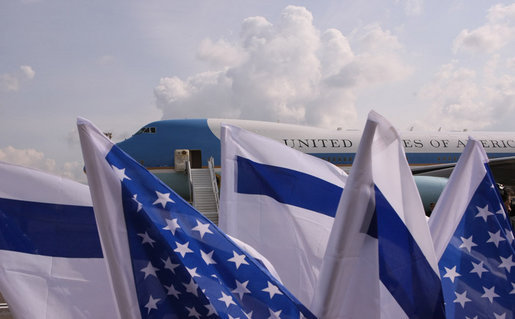 The U.S. and Israeli flags announce the arrival Wednesday, Jan. 9, 2008, of Air Force One and President George W. Bush to Ben Gurion International Airport in Tel Aviv. White House photo by Eric Draper