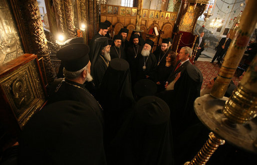 President George W. Bush is joined by Khouloud Daibes, Minister of Tourism, as they meet with clergy at the Church of Nativity Thursday, Jan. 10, 2008, in Bethlehem. White House photo by Eric Draper