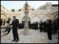 President George W. Bush makes a statement prior to his departure from the Church of Nativity Thursday, Jan. 10, 2008, in Bethlehem. The President thanked the people of Bethlehem and said he hoped that in the future the people there will be able to move freely in a democratic state. “That’s the vision, greatly inspired by my belief that there is an Almighty,” said the President, adding, “ And a gift of that Almighty to each man, woman and child on the face of the Earth is freedom. And I felt it strongly today.” White House photo by Eric Draper