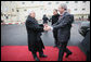 President George W. Bush is greeted at Muqata by President Mahmoud Abbas of the Palestinian Authority upon his arrival Thursday, Jan. 10, 2008, in Ramallah. White House photo by Eric Draper