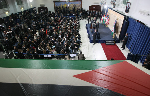 President George W. Bush and President Mahmoud Abbas of the Palestinian Authority participate in a joint press availability Thursday, Jan. 10, 2008, in Ramallah. White House photo by Eric Draper