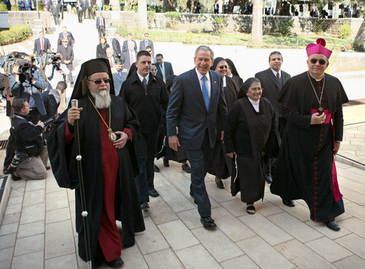 President George W. Bush arrives at the Church of the Beatitudes Friday, Jan. 11, 2008, in Galilee. The stop was the final one during the President’s visit to Israel. White House photo by Eric Draper