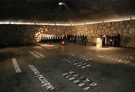 President George W. Bush visits the Hall of Remembrance Friday, Jan. 11, 2008, at Yad Vashem, the Holocaust Museum, in Jerusalem. White House photo by Chris Greenberg