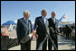 President George W. Bush speaks to the media Friday, Jan. 11, 2008, as he stands with President Shimon Peres of Israel, right, and Prime Minister Ehud Olmert at Tel Aviv’s Ben Gurion International Airport. The President concluded his two-day visit to Israel with a visit to Yad Vashem, the Holocaust Museum in Jerusalem, and the ruins of Capernaum on the Sea of Galilee. White House photo by Chris Greenberg