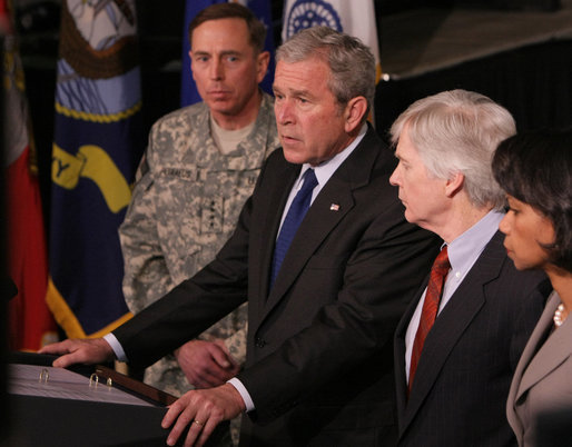 Flanked by Gen. David Petraeus, Commander of the Multi-National Force in Iraq, U.S. Ambassador to Iraq, Ryan Crocker and Secretary of State Dr. Condoleezza Rice, President George W. Bush delivers a statement Saturday, Jan. 12, 2008, during a visit to Camp Arifjan before departing Kuwait. White House photo by Eric Draper