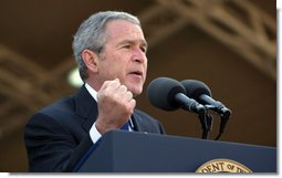 President George W. Bush emphasizes a point as he speaks to troops at Camp Arifjan Saturday, Jan. 12, 2008, in Kuwait. Said the President, "There is no doubt in my mind when history is written, the final page will say: Victory was achieved by the United States of America for the good of the world; that by doing the hard work now, we can look back and say, the United States of America is more secure, and generations of Americans will be able to live in peace." White House photo by Eric Draper