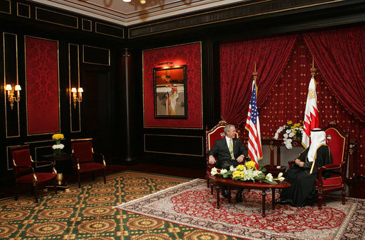President George W. Bush and Bahrain's King Hamad Bin Isa Al-Khalifa meet Saturday, Jan. 12, 2008, in the Ritz Carlton-Bahrain before participating in a working dinner. White House photo by Chris Greenberg