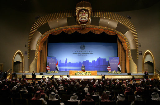President George W. Bush delivers remarks from the stage of the auditorium at the Emirates Palace Hotel in Abu Dhabi Sunday, Jan. 13, 2008. The President spoke shortly after arriving in the United Arab Emirates on the fourth leg of his eight-day, Mideast visit. White House photo by Chris Greenberg