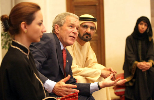 President George W. Bush speaks to students from the Dubai School of Government during lunch at the Sheikh Mohammed Centre for Cultural Understanding Monday, Jan. 14, 2008, in Dubai. White House photo by Eric Draper