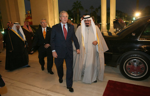 President George W. Bush and King Abdullah bin Abdul Al-Aziz arrive at the Guest Palace in Riyadh Monday, Jan. 14, 2007, after the President's arrival in Saudi Arabia. White House photo by Eric Draper