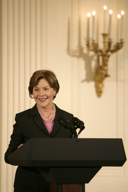 Mrs. Laura Bush delivers remarks during a ceremony for the Institute of Museum and Library Services in the East Room at the White House Monday, January 14, 2008. "Our country is fortunate to have so many outstanding museums and libraries." Mrs. Bush said during her remarks, "This year, we've expanded the IMLS awards to recognize ten institutions -- all with impressive collections, and a strong sense of responsibility to the communities that they serve." The Institute of Museum and Library Services National Awards for Museum and Library Service honor outstanding museums and libraries that demonstrate an ongoing institutional commitment to public service. It is the nation's highest honor for excellence in public service provided by these institutions. White House photo by Shealah Craighead