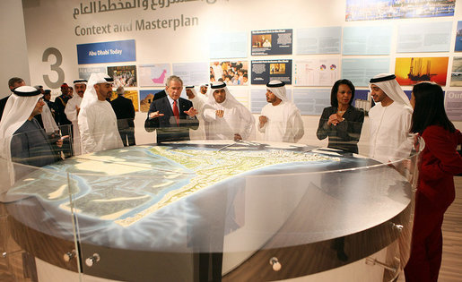 President George W. Bush tours the Saadiyat Island Cultural District Exhibition and Masdar Exhibition Monday, Jan. 14, 2008, at the Emirates Palace Hotel Abu Dhabi. Joining him are the Crown Prince Sheikh Mohammed bin Zayed Al Nahyan, left, and Secretary of State Condoleezza Rice. White House photo by Eric Draper
