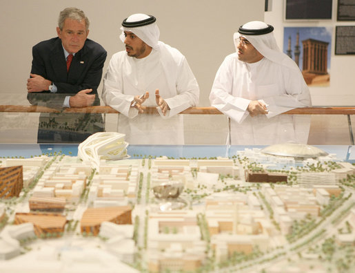 President George W. Bush listens to plans for the future of Abu Dhabi during a tour Monday, Jan. 14, 2008, of the Saadiyat Island Cultural District Exhibition and Masdar Exhibition at the Emirates Palace Hotel. White House photo by Eric Draper