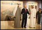 President George W. Bush comments to the media as he tours the Masdar Exhibition Monday, Jan. 14, 2008, at the Emirates Palace Hotel. Said the President, "I hope that my visit shines a spotlight on the Middle East, the opportunities to work constructively with our friends and allies, and shows people the truth about what life is like here in the UAE. This is a remarkable place. Its architecture is beautiful. But the can-do spirit is amazing." White House photo by Eric Draper