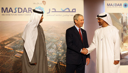 President George W. Bush shakes hands with Crown Prince Sheikh Mohammed bin Zayed Al Nahyan after viewing exhibitions Monday, Jan. 14, 2008, on the future of the United Arab Emirates at the Emirates Palace Hotel in Abu Dhabi. White House photo by Eric Draper
