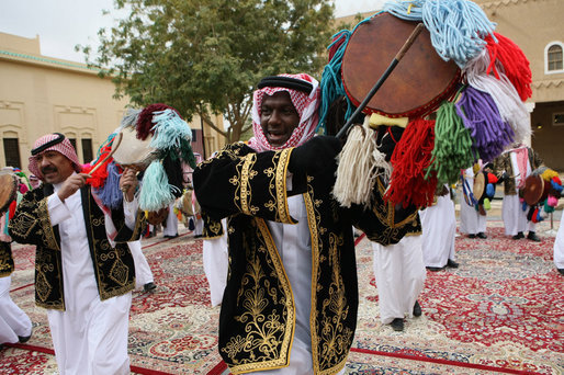 Saudi dancers rehearse for the arrival of President George W. Bush to Al Murabba Palace in Riyadh Tuesday, Jan. 15, 2008. The President will spend the night at the King's ranch in Al Janadriyah before finishing his visit to the Mideast Wednesday with a stop in Egypt before heading home to Washington, D.C. White House photo by Eric Draper
