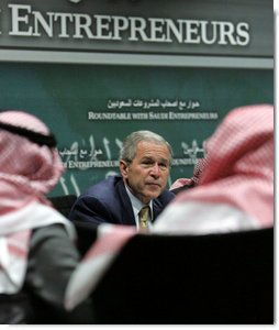 President George W. Bush participates in a roundtable discussion with Saudi entrepreneurs Tuesday, Jan. 15, 2008, at the United States Embassy in Riyadh. White House photo by Chris Greenberg