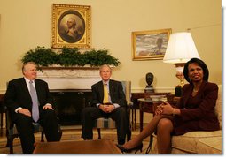 President George W. Bush and Secretary of State Condoleezza Rice sit in the Oval Office with Rich Williamson, Special Envoy for Sudan Thursday, Jan. 17, 2008, to discuss the continuing commitment by the United States to help the citizens of Sudan. Said the President, ". One of the reasons we care about the suffering in Sudan is because we care about the human condition all across the face of the earth. And we fully understand that when people suffer, it is in our interest to help." White House photo by Joyce N. Boghosian