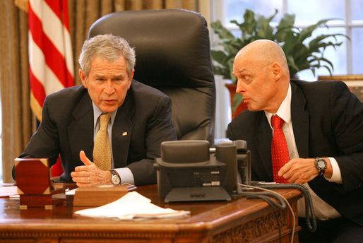 President George W. Bush speaks via conference call to Bicameral and Bipartisan leadership Thursday, Jan. 17, 2008, from the Oval Office of the White House. With him is Secretary of the Treasury Hank Paulson. White House photo by Joyce N. Boghosian