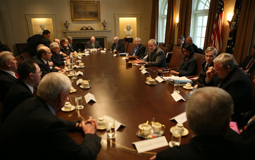 President George W. Bush meets with Dr. Henry Kissinger, former Russian Prime Minister Yevgeniy Primakov, and other senior American and Russian statesmen and policy experts Friday, Jan. 18, 2008, in the Cabinet Room of the White House. The meeting presented an opportunity for the President to hear views from the delegation on a variety of issues important to the United States and to Russia and reflects the high value the President attaches to the U.S.-Russia bilateral relationship. This informal dialogue, co-chaired by Dr. Kissinger and Mr. Primakov, was initiated in 2007 with the support of Presidents Bush and Putin, to foster discussion of important issues on the U.S.-Russia agenda. White House photo by Eric Draper