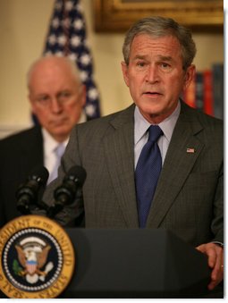 With Vice President Dick Cheney looking on, President George W. Bush delivers a statement in the Roosevelt Room of the White House Friday, Jan. 18, 2007, regarding the economy of the United States. White House photo by Joyce N. Boghosian