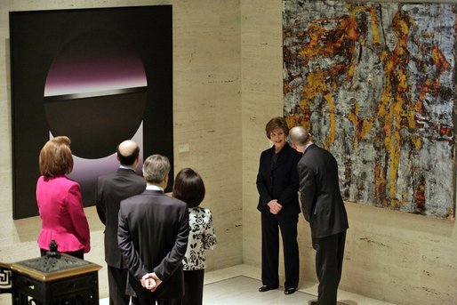 Mrs Laura Bush participates in a tour of the Contemporary Turkish Painting Exhibit Friday January 18, 2007, at the Federal Reserve in Washington, D.C. Mrs. Bush is accompanied on the tour by Nabi Sensoy, Turkish Ambassador to the United States, his wife Gulgun Sensoy, and Ambassador Nancy Brinker, Chief of Protocol of the United States. The tour was led by Dr. Ben Bernanke, Federal Reserve Chairman, and Stephen Phillips, Federal Reserve Fine Arts Director. White House photo by Shealah Craighead
