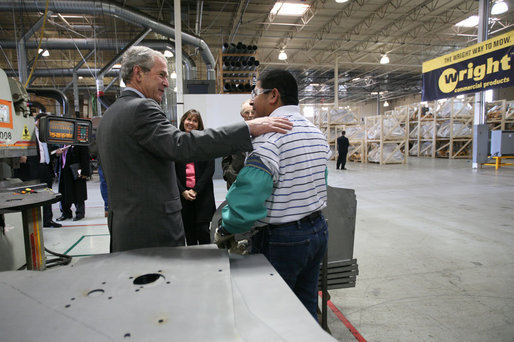 President George W. Bush greets an employee of Wright Manufacturing, Inc., Friday, Jan. 18, 2008, during his visit to the Frederick, Maryland business. White House photo by Joyce N. Boghosian