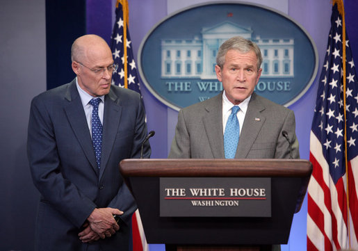 With Secretary of Treasury Hank Paulson looking on, President George W. Bush delivers a statement on the Bipartisan Economic Growth Agreement Thursday, Jan. 24, 2008, in the James S. Brady Press Briefing Room at the White House. Said the President, "I thank the Speaker and I thank Leader Boehner for their hard work. and for showing the American people that we can come together to help our nation deal with difficult economic challenges." White House photo by Chris Greenberg