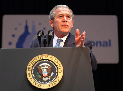 President George W. Bush gestures as he addresses his remarks at the 2008 "Congress of Tomorrow" Luncheon Friday, Jan. 25, 2008, in White Sulphur Springs, West Virginia. President Bush urged the Senate to move quickly on the stimulus package to help rejuvenate the economy. White House photo by Chris Greenberg