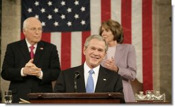 President George W. Bush smiles as he delivers his 2008 State of the Union address Monday, Jan. 28, 2008, at the U.S. Capitol. White House photo by Eric Draper