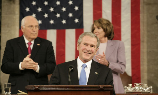 President George W. Bush smiles as he delivers his 2008 State of the Union address Monday, Jan. 28, 2008, at the U.S. Capitol. White House photo by Eric Draper