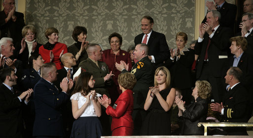 Former Senator Bob Dole and former Cabinet Secretary Donna Shalala are recognized and applauded in the First Lady's box Monday evening, Jan. 28, 2008 at the U.S. Captiol, during the State of the Union Address by President George W. Bush. Dole and Shalala were selected by President Bush to co-chair the President's Commission on Care for America's Returning Wounded Warriors. White House photo by Eric Draper