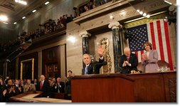President George W. Bush receives applause at the State of the Union Address Monday, Jan. 28, 2008, at the U.S. Capitol. Vice President Dick Cheney and Speaker of the House Nancy Pelosi are seen back right. White House photo by Eric Draper