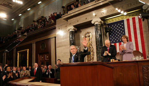 President George W. Bush receives applause at the State of the Union Address Monday, Jan. 28, 2008, at the U.S. Capitol. Vice President Dick Cheney and Speaker of the House Nancy Pelosi are seen back right. White House photo by Eric Draper